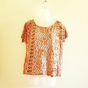 Lucky Brand Orange Boho Elephant Scoop Neck Tee